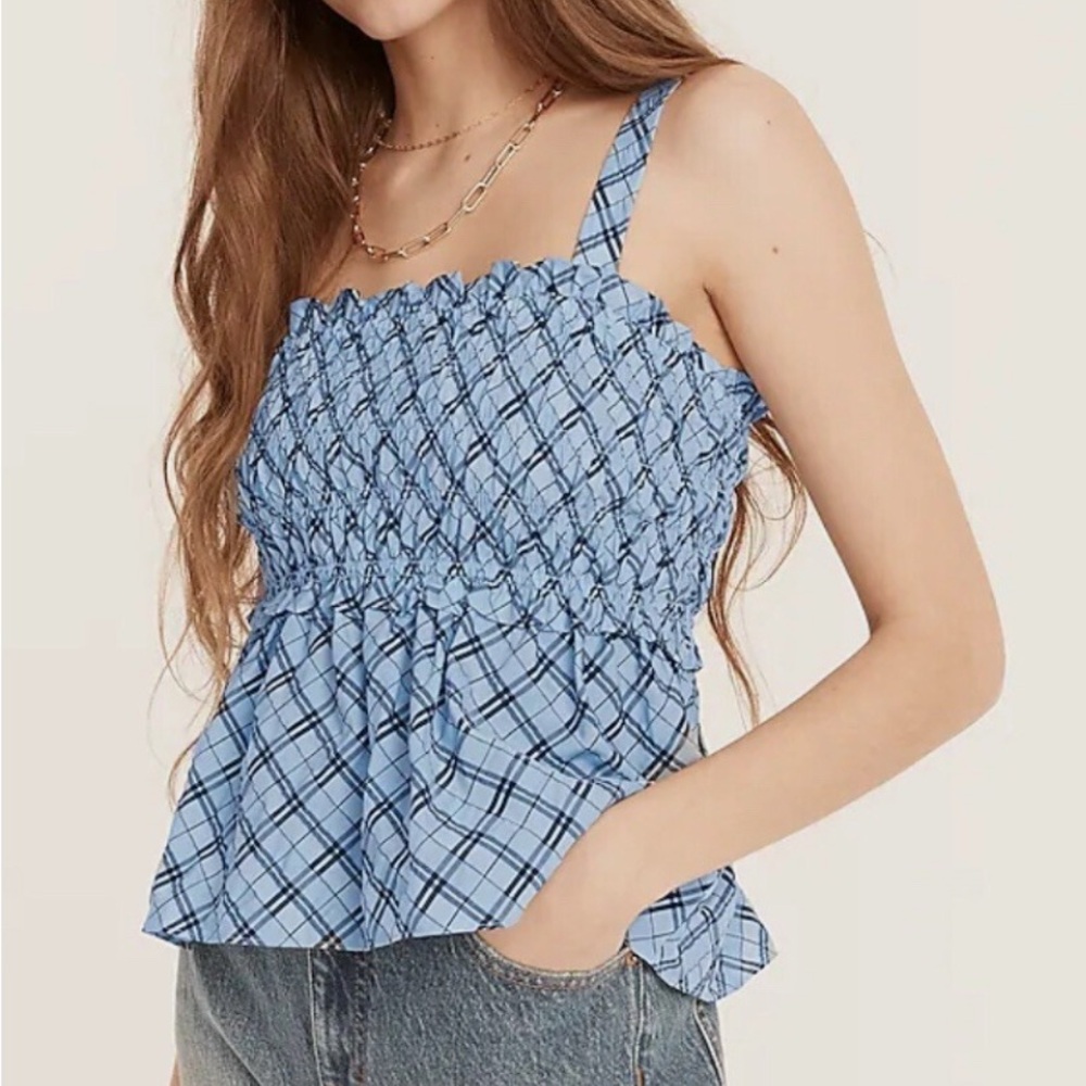 J. Crew Women's Smocked Tank in Textured Plaid Blue Mist Navy